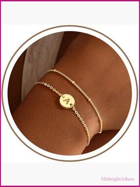 Dainty 14K Gold Plated Layered Initial Bracelet Monogram Disc Charm